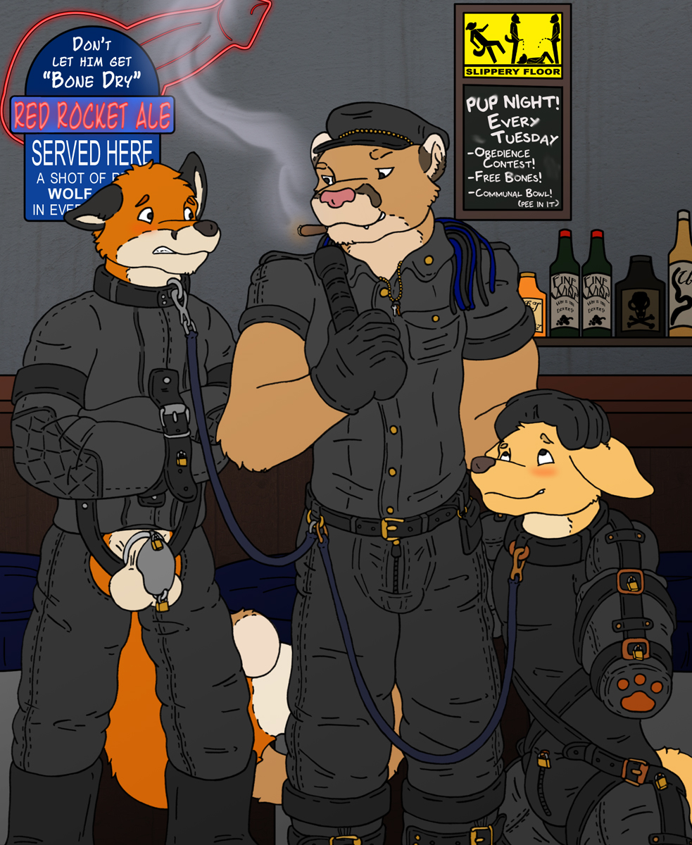 anthro bitchsuit bondage_gear canid canine chastity_cage chastity_device cougar felid feline fennec fox group hi_res leash leather makootter male male/male mammal petplay restraints roleplay story story_in_description straitjacket trio