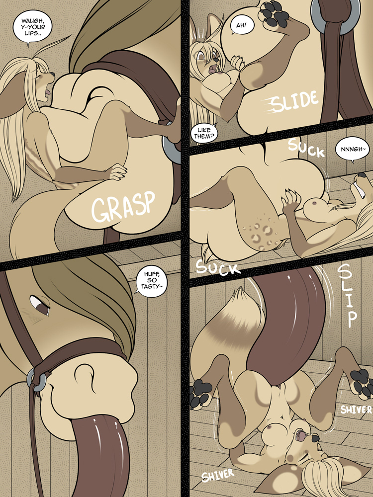 3:4 anthro biped breasts canid canine comic cunnilingus duo english_text equid equine female fennec fingers fox freckles_(artist) genitals hair horse interspecies mammal open_mouth oral pawpads pussy sex size_difference smile speech_bubble tail text tongue tongue_out vaginal