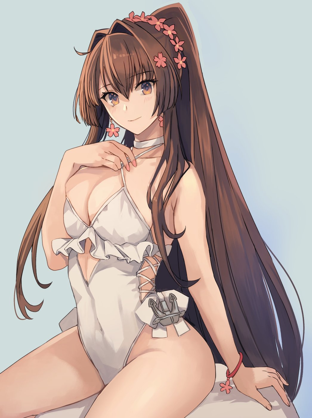 1girl anchor bare_shoulders breasts brown_eyes brown_hair choker closed_mouth clothing_cutout collarbone cosplay cross-laced_slit cutout_above_navel earrings flower flower_earrings frilled_one-piece_swimsuit frills grey_background hair_between_eyes hair_flower hair_intakes hair_ornament hand_up high_ponytail highres jewelry kantai_collection kasumi_(skchkko) large_breasts light_blush long_hair looking_at_viewer one-piece_swimsuit sagiri_(kancolle) sagiri_(kancolle)_(cosplay) sideless_outfit sitting solo swimsuit thighs very_long_hair white_one-piece_swimsuit yamato_(kancolle)