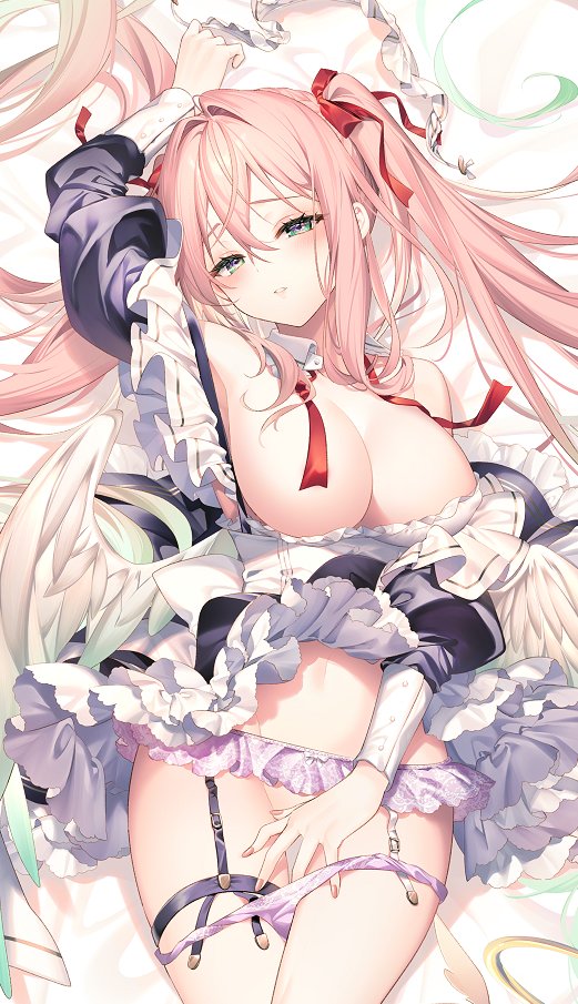 1girl arm_up bow breasts clothes_lift clothes_pull collar covering covering_crotch dakimakura_(medium) detached_collar dress dress_lift dress_pull frilled_dress frills green_eyes hair_between_eyes hair_ribbon headdress_removed large_breasts long_hair lying maid maid_headdress on_back original panties panty_pull pink_hair puffy_sleeves purple_garter_belt purple_panties red_ribbon rianastia_flugel ribbon riichu solo twintails two-tone_dress underwear undone_neck_ribbon white_bow white_collar wings