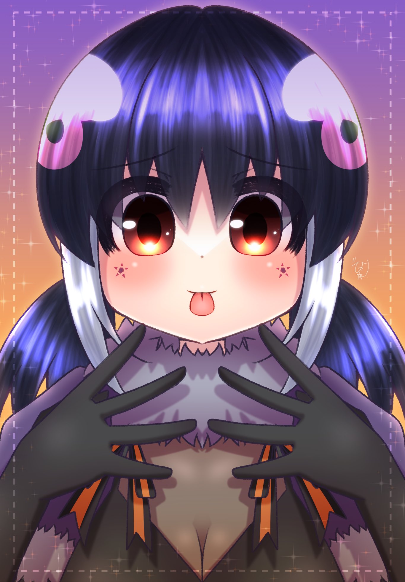 1girl african_penguin_(kemono_friends) alternate_costume black_dress black_gloves black_hair dress elbow_gloves gloves halloween_costume highres hikarikmy kemono_friends kemono_friends_v_project looking_at_viewer multicolored_hair penguin_girl pink_hair purple_background red_eyes simple_background solo tongue twintails upper_body virtual_youtuber white_hair