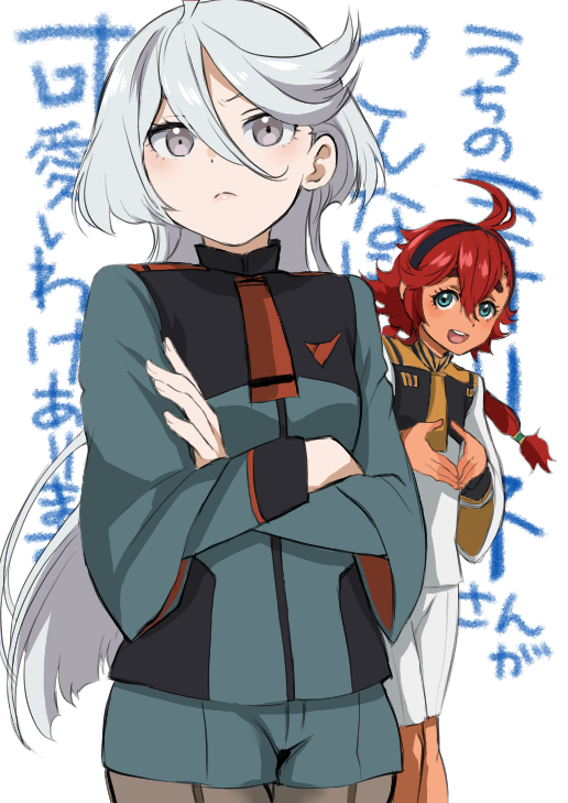 2girls asticassia_school_uniform can't_be_this_cute commentary_request crossed_arms grey_eyes grey_hair gundam gundam_suisei_no_majo hair_between_eyes long_hair looking_at_viewer miorine_rembran multiple_girls pantyhose red_hair school_uniform suletta_mercury translation_request white_background yamatomoti