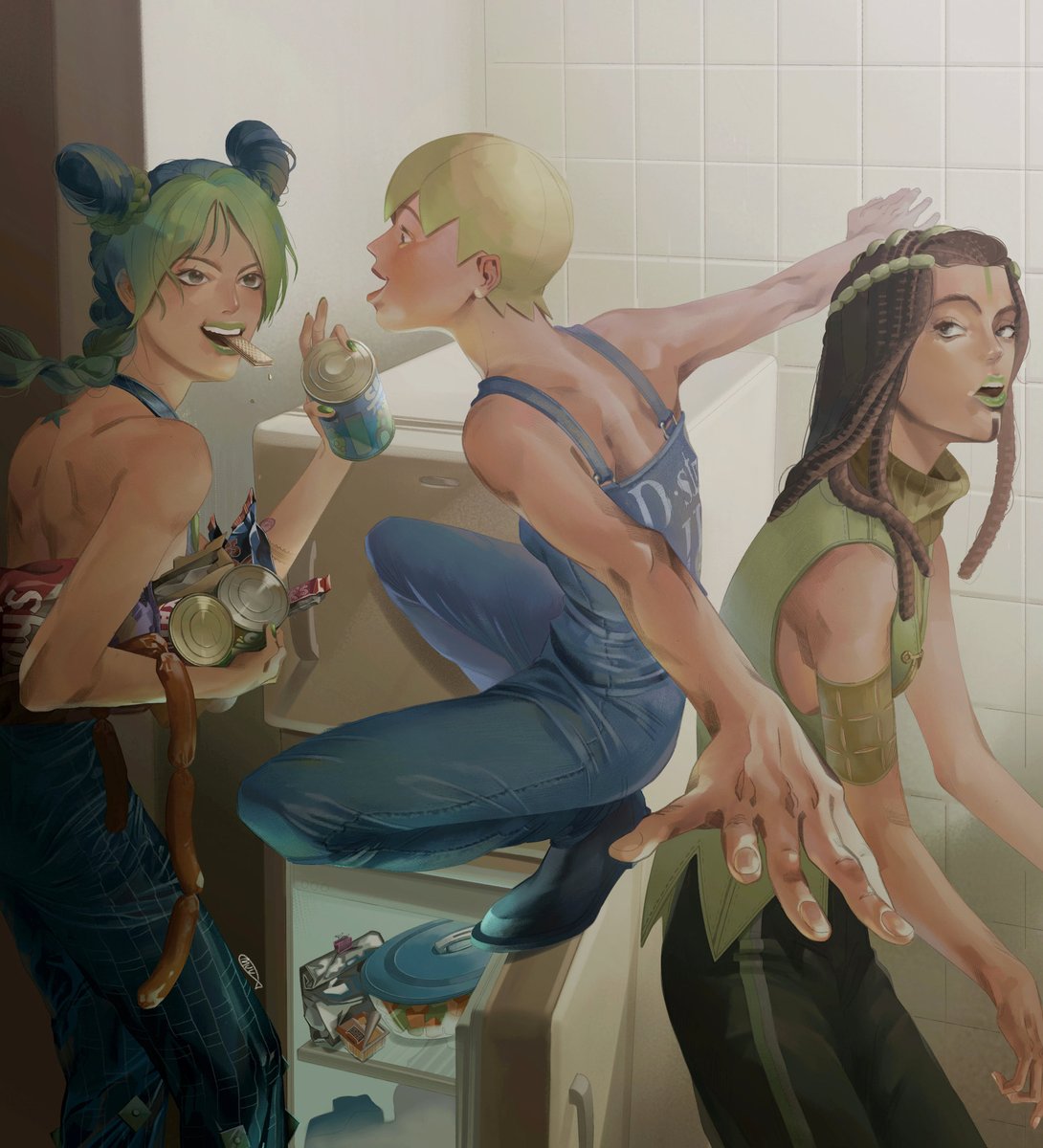 1boy 2girls archived_source bad_id bad_twitter_id blonde_hair blue_hair braid can commentary_request denim_overalls double_bun dreadlocks ermes_costello foo_fighters food green_lips hair_bun halterneck highres jojo_no_kimyou_na_bouken korean_commentary kujo_jolyne linked_sausages looking_at_another looking_at_viewer mulmulgogibbq multicolored_hair multiple_girls overalls pants refrigerator sausage