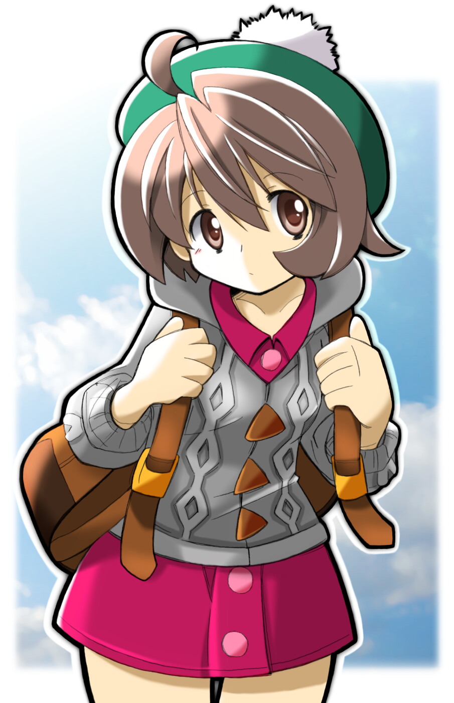 1girl :/ ahoge backpack bag blue_sky brown_bag brown_eyes brown_hair buttons cardigan closed_mouth cloud collarbone collared_dress cowboy_shot dress gloria_(pokemon) green_headwear grey_cardigan hat highres long_sleeves outline pink_dress pokemon pokemon_(game) pokemon_swsh rascal short_dress short_hair sky solo standing tam_o'_shanter white_outline