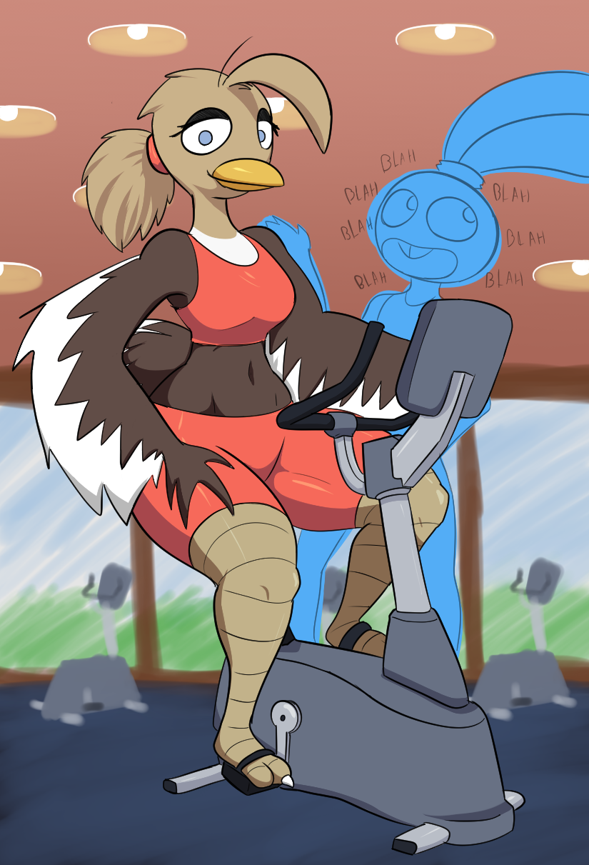 anthro avian bird black_eyeshadow blue_body blue_eyes blue_fur bonbon_(roommates) bottomwear bra breasts brown_body brown_feathers buckteeth clothing duo eyelashes eyeshadow feathers female five_nights_at_freddy's five_nights_at_freddy's_2 fur gym gym_bottomwear gym_clothing gym_shorts hair head_feathers head_tuft hi_res lagomorph leporid makeup mammal navel open_mouth ostrich ponytail rabbit ratite red_bottomwear red_clothing red_topwear roommates:motha scottgames shorts sports_bra teeth text thekingofsorrow topwear toy_bonnie_(fnaf) tuft underwear white_body white_feathers winged_arms wings