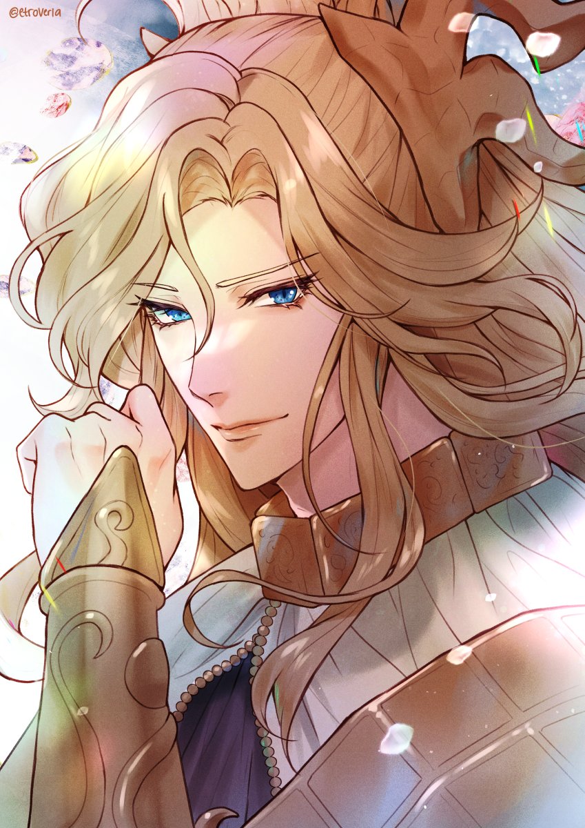 1boy blonde_hair blue_eyes etroveria eyelashes final_fantasy final_fantasy_xiv hair_ornament highres long_hair looking_at_viewer portrait sidelocks smile solo thaliak twitter_username vambraces