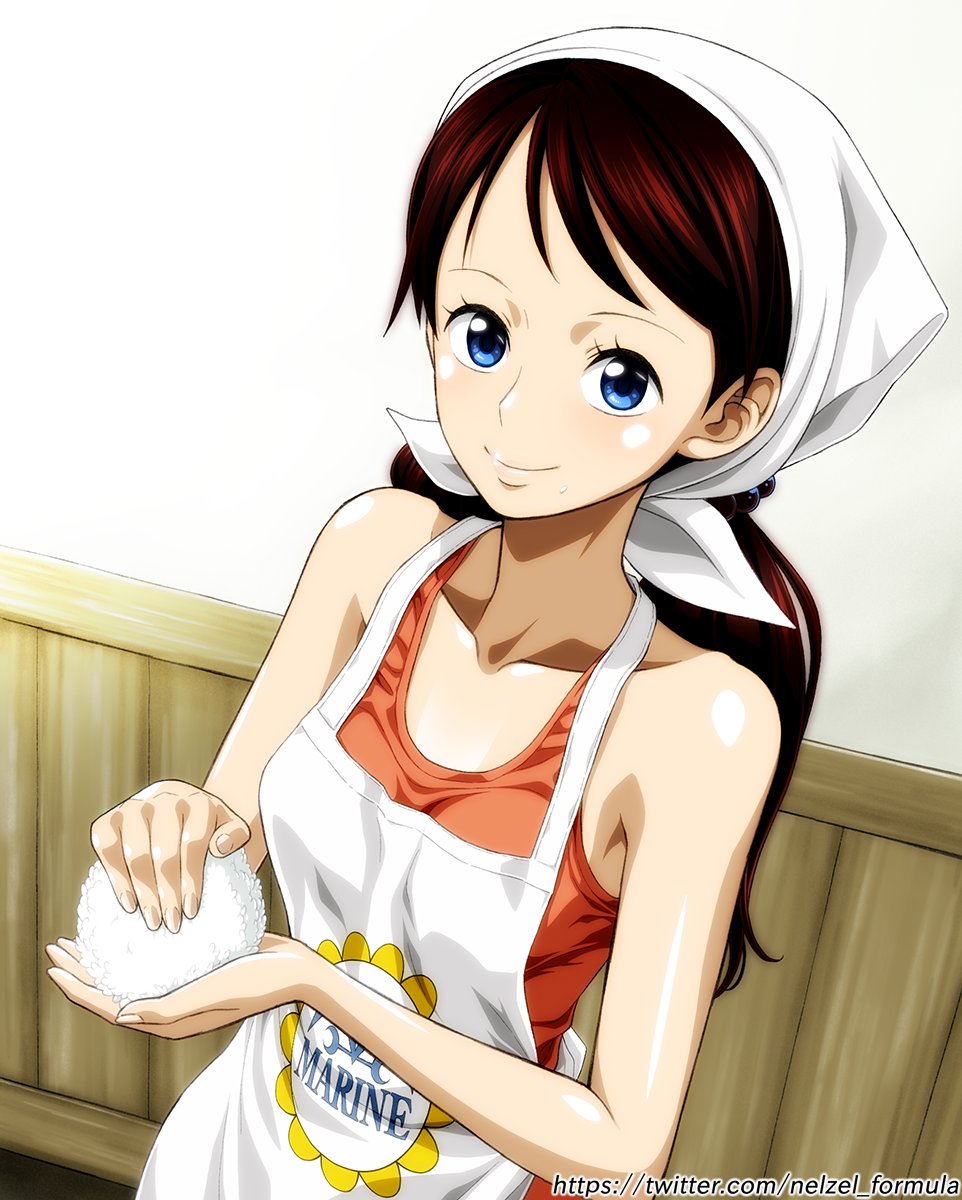 1girl apron artist_name bare_shoulders blue_eyes blush breasts brown_hair character_request closed_mouth collarbone dutch_angle eyelashes food highres holding long_hair looking_at_viewer nel-zel_formula one_piece onigiri orange_tank_top parted_bangs shiny_skin small_breasts smile solo swept_bangs tank_top twitter_username upper_body web_address white_headwear