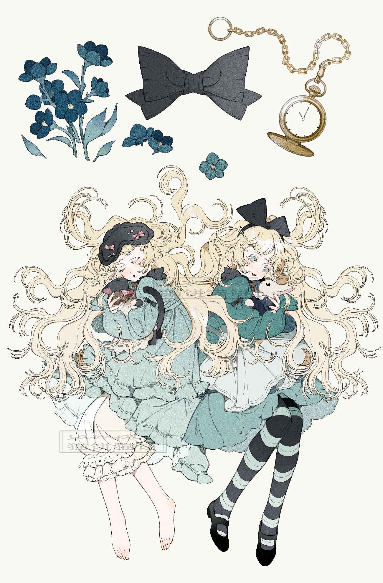 2girls alice_(alice_in_wonderland) alice_in_wonderland animal apron ascot barefoot black_bow black_cat black_collar black_eyes black_footwear black_hairband black_mask black_pantyhose blonde_hair bloomers blue_eyes blue_flower blue_nightgown blue_shirt blue_skirt bow cat cat_tail chain chinese_commentary clone closed_eyes clothes_lift collar collared_dress commentary_request dress dress_lift eyelashes flower flower_request frilled_sleeves frills full_body gold_chain hair_bow hairband hat hat_bow highres holding holding_animal holding_cat holding_rabbit juliet_sleeves layered_dress leaf long_hair long_sleeves maobing_maobing mary_janes miniskirt multiple_girls nightgown open_mouth pajamas pantyhose pink_bow pocket_watch puffy_sleeves sample_watermark shirt shoes skirt sleep_mask sleeve_bow smile solid_circle_eyes striped striped_pantyhose tail two-tone_pantyhose waist_apron watch watermark wavy_hair white_apron white_ascot white_background white_bloomers white_pantyhose