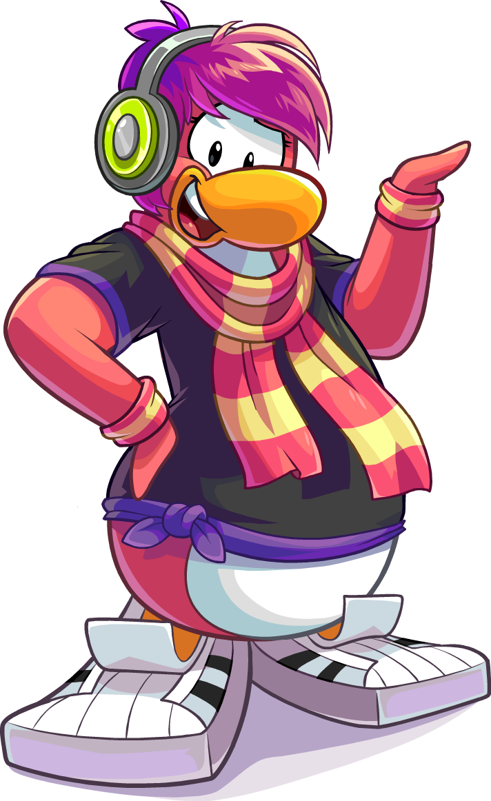 alpha_channel avian bird black_clothing black_shirt black_topwear bracelet clothing club_penguin dj_cadence female footwear full-length_portrait hair hand_on_hip headphones jewelry looking_at_viewer multicolored_scarf official_art open_mouth pattern_clothing pattern_scarf penguin pink_hair pink_scarf portrait scarf shirt shoes short_hair solo striped_clothing striped_scarf stripes topwear two_tone_scarf unknown_artist upper_teeth_only yellow_scarf