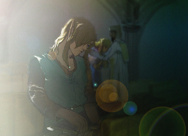 1girl 2boys ayana_(tannsann) blonde_hair blue_eyes blurry blurry_background church closed_mouth green_tunic hair_over_one_eye holding holding_sword holding_weapon lens_flare link long_hair loyal_sage multiple_boys pointy_ears princess_zelda sidelocks sword the_legend_of_zelda the_legend_of_zelda:_a_link_to_the_past weapon