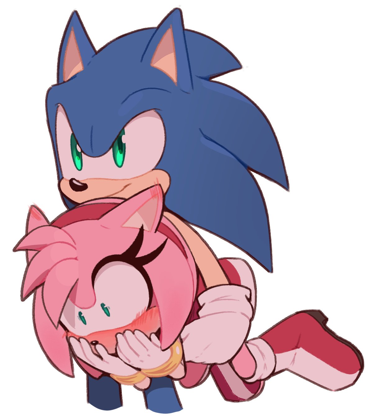 1boy 1girl alternate_eye_color amy_rose animal_ears animal_nose aqua_eyes bare_shoulders blue_fur blush boots bracelet carrying carrying_person carrying_under_arm closed_mouth covered_mouth dress eyelashes furry furry_female furry_male gloves gold_bracelet green_eyes hairband hands_on_own_face hands_up hedgehog hedgehog_ears hedgehog_girl hetero highres jewelry looking_down looking_to_the_side pink_fur red_dress red_footwear red_hairband simple_background sleeveless sleeveless_dress smile sonic_(series) sonic_the_hedgehog standing toonsite white_background white_gloves