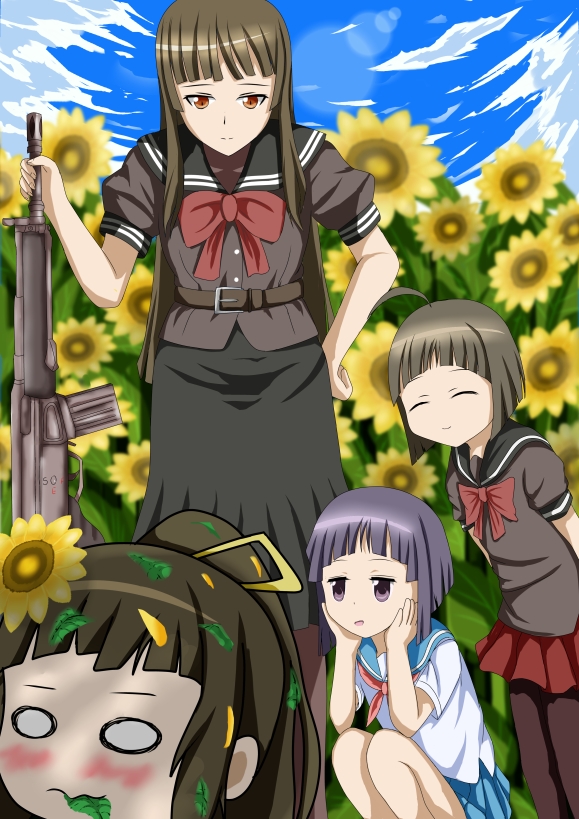 4girls ahoge arms_behind_back bad_gun_anatomy battle_rifle belt belt_buckle bipod black_hair black_sailor_collar black_shirt black_skirt blank_eyes blue_sailor_collar blue_skirt blue_sky blunt_bangs blunt_ends blush bow buckle buttons closed_eyes closed_mouth cloud commentary_request day facing_viewer feet_out_of_frame flower fnc_(upotte!!) g3a3_(upotte!!) grey_serafuku gun h&amp;k_g3 hair_flower hair_ornament hair_over_shoulder hand_on_own_hip hands_on_own_cheeks hands_on_own_face head_only hk33e_(upotte!!) holding holding_gun holding_weapon jitome leaf long_hair looking_down mouth_hold mp5_(upotte!!) multiple_girls neckerchief orange_eyes outdoors partial_commentary petals plant pleated_skirt ponytail purple_eyes purple_hair red_bow red_neckerchief rifle sailor_collar school_uniform serafuku shirt short_hair short_sleeves siblings single_stripe sisters skirt sky sleeve_cuffs smile sorariro_(nicoseiga_21562538) standing sunflower tsurime upotte!! weapon white_serafuku white_stripes
