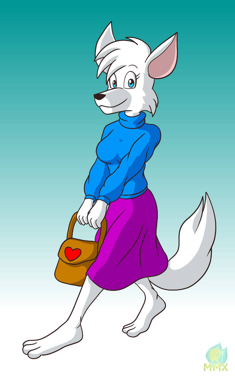 &lt;3 2017 3_fingers 3_toes anthro arctic_fox barefoot black_nose blue_clothing blue_eyes blue_sweater blue_topwear bottomwear canid canine clothing feet female fingers fox full-length_portrait fur gradient_background gustavothemouse_(artist) hi_res mammal penny_(auwawau) portrait purple_bottomwear purple_clothing purple_skirt purse signature simple_background skirt smile solo sweater toes topwear turtleneck walking white_body white_feet white_fur