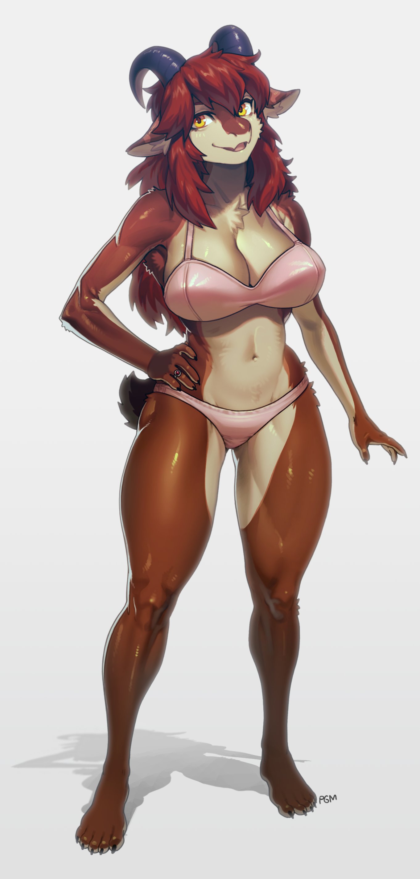 absurd_res anthro arm_tuft big_breasts bovid bra breasts brown_body brown_fur brown_hair caprine chest_tuft clothing elbow_tuft eyebrows eyelashes feet female fur glistening glistening_body glistening_bra glistening_breasts glistening_clothing glistening_thighs glistening_underwear goat hair hand_on_hip hi_res horn humanoid_feet inner_ear_fluff jewelry long_hair looking_at_viewer mammal navel open_mouth panties pgm300 pink_bra pink_clothing pink_panties pink_underwear plantigrade ring shoulder_tuft solo tan_body tan_fur tuft underwear yellow_eyes