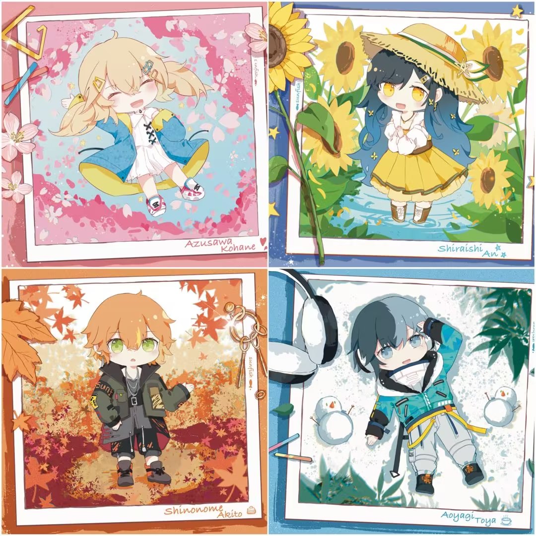 2boys 2girls :&lt; :d aoyagi_touya artist_name autumn autumn_leaves azusawa_kohane belt black_footwear black_hair black_shorts blonde_hair blue_eyes blue_hair blue_jacket blue_theme blush boots bow brown_footwear brown_hair brown_headwear character_name cherry_blossoms chibi choker closed_eyes collarbone collared_dress collared_jacket commentary cropped_jacket drawstring dress facing_viewer falling_leaves falling_petals fang flower from_above full_body fur-trimmed_jacket fur_trim gradient_hair green_eyes grey_jacket grey_shirt hair_between_eyes hand_on_own_chest hand_on_own_head hand_up hat hat_bow headphones hood hood_down hooded_jacket jacket jewelry leaf legend_still_vivid_(project_sekai) long_bangs long_hair long_skirt long_sleeves looking_at_viewer loose_belt low_twintails lying male_focus maple_leaf multicolored_hair multiple_boys multiple_girls necklace off_shoulder official_alternate_costume on_back open_clothes open_jacket open_mouth orange_eyes orange_hair orange_theme own_hands_together pants parted_bangs pendant petals pink_theme pleated_dress pleated_skirt polaroid project_sekai puddle raised_eyebrows same_dreams_same_colors_(project_sekai) seasons shinonome_akito shiraishi_an shirt shoes short_hair short_twintails shorts sidelocks skirt smile sneakers snow_angel snowman spring_(season) standing star_(symbol) steepled_fingers straight-on straight_hair straw_hat streaked_hair summer sunfish3939 sunflower the_vivid_old_tale_(project_sekai) twintails two-sided_fabric two-sided_jacket two-tone_hair vivid_bad_squad_(project_sekai) white_choker white_dress white_footwear white_pants white_shirt winter yellow_flower yellow_jacket yellow_skirt