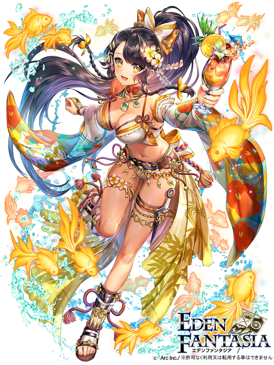 1girl asymmetrical_bangs bikini black_hair bow cocktail commentary_request detached_sleeves eden_fantasia esphy evans_(eden_fantasia) fish gradient_hair hair_bow highres long_hair multicolored_hair open_mouth ponytail purple_hair smile solo swimsuit wide_sleeves yellow_eyes