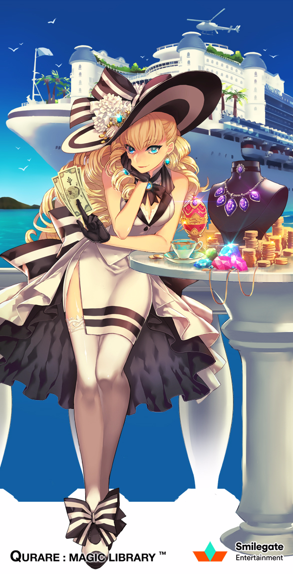 1girl aqua_gemstone arm_rest back_bow between_fingers bird black_bow black_bowtie black_choker black_gloves black_skirt blonde_hair blue_eyes blue_gemstone bow bowtie breasts brooch choker choker_removed choppy_bangs cleavage coin company_name copyright_name cruise_ship cup day drill_hair earrings faberge_egg footwear_bow full_body garter_straps gem glint gloves half_updo hat hat_bow hat_ornament head_rest holding holding_money jewelry jewelry_removed lapels leaning_on_table long_hair looking_at_viewer mannequin money necklace necklace_removed notched_lapels ocean official_art overskirt pencil_skirt pendant_choker pink_gemstone purple_gemstone qurare_magic_library railing ring saeuchobab saucer ship shirt shoes side_slit skirt sleeveless sleeveless_shirt smile solo standing striped striped_bow sun_hat tea teacup thighhighs two-tone_skirt vest watercraft white_bow white_footwear white_headwear white_skirt white_thighhighs white_vest