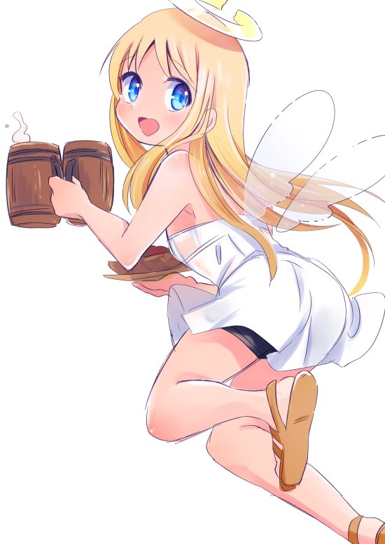 1other alcohol androgynous angel angel_wings bare_shoulders beer beer_mug black_panties blonde_hair blue_eyes brown_footwear check_commentary commentary commentary_request crimvael cup dress drink food food_request from_side halo hanada_hyou holding holding_drink holding_food holding_plate ishuzoku_reviewers long_hair looking_at_viewer mug open_mouth panties pantyshot plate sandals short_dress sleeveless sleeveless_dress smile transparent_wings underwear white_background white_dress wings