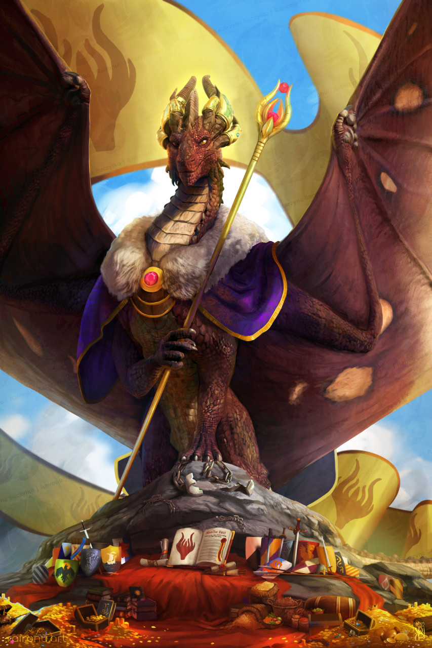 2023 ambiguous_gender anthro blue_sky book brown_body brown_scales brown_wings cape claws clothing cloud coin countershade_neck countershading dragon gem gold_(metal) gold_coin gold_staff hi_res horn looking_at_viewer melee_weapon membrane_(anatomy) membranous_wings outside raironu red_cloth rock ruby_(gem) scales shield sky snout solo spotted_wings staff sword symbol toe_claws treasure treasure_chest weapon white_clouds wings yellow_horn