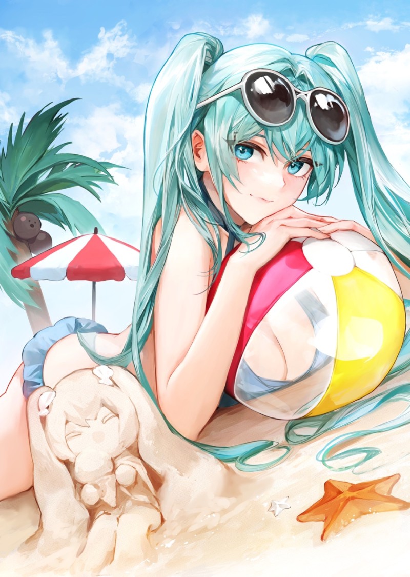 1girl ball bangs bare_arms bare_shoulders beach beach_umbrella beachball bikini breasts cleavage cloud coconut day eyewear_on_head green_eyes green_hair hair_between_eyes hatsune_miku large_breasts long_hair lying on_stomach outdoors palm_tree sand sand_sculpture shell smile solo starfish sunglasses swimsuit tanu0706 tree twintails umbrella very_long_hair vocaloid
