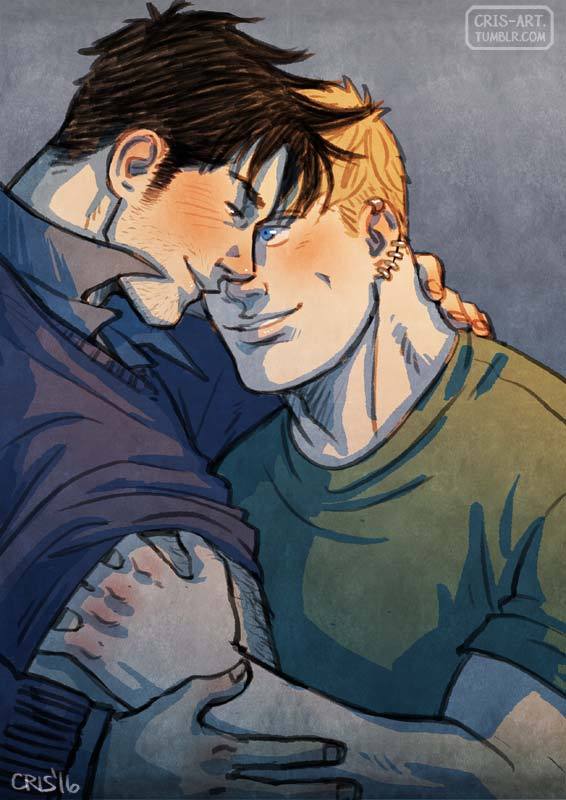 2boys bad_id bad_tumblr_id bara black_hair blonde_hair blush chest_hair closed_eyes clothes_lift collared_shirt couple cris_art ear_piercing grabbing hand_on_another's_neck hand_under_clothes happy hulkling layered_shirt lifted_by_another looking_at_another male_focus marvel multiple_boys pectoral_grab pectorals piercing shirt shirt_lift short_hair sideburns smile sparse_stubble thick_eyebrows toned toned_male upper_body wiccan yaoi