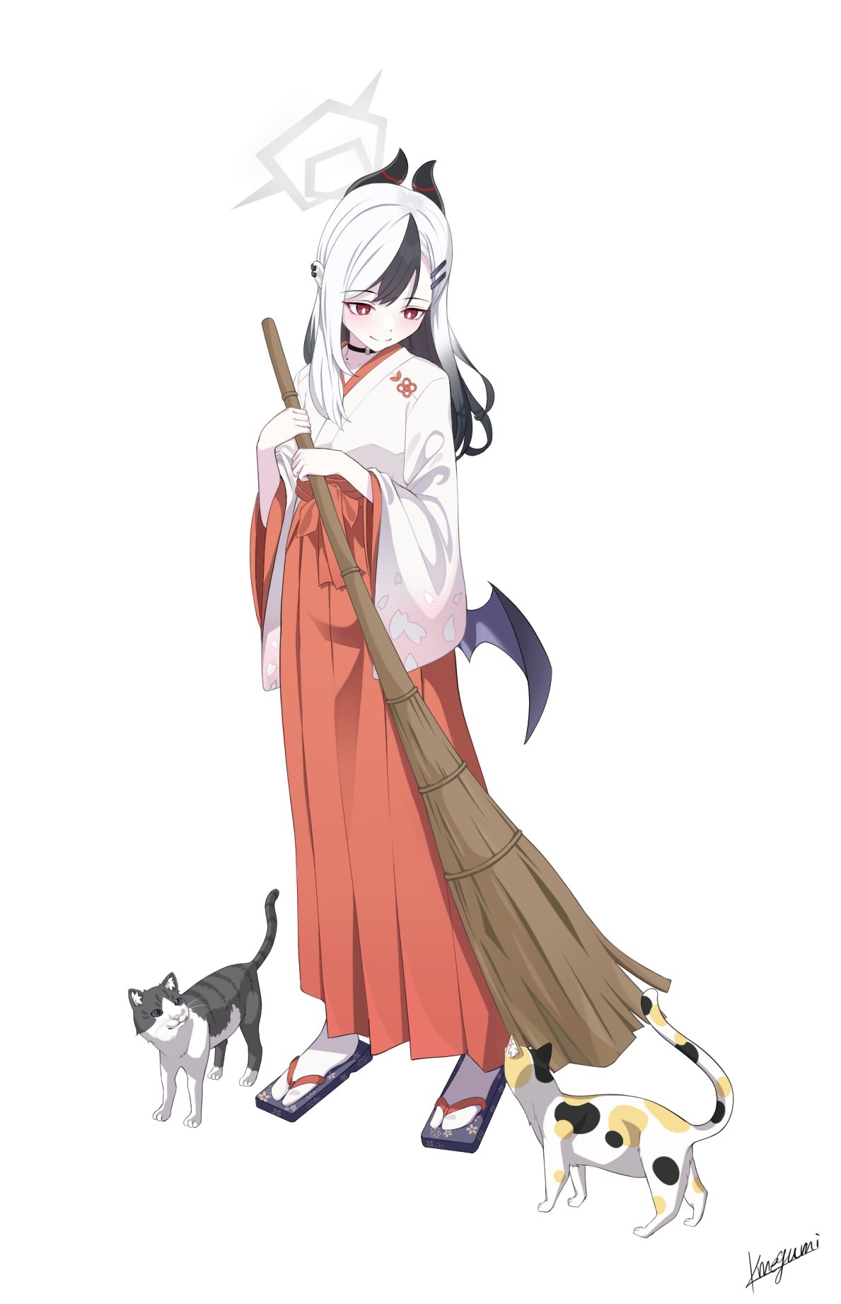 1girl alternate_costume alternate_hair_length alternate_hairstyle black_choker black_hair blue_archive bright_pupils broom cat choker closed_mouth collarbone commentary_request cosplay demon_horns demon_wings earrings full_body geta hair_ornament hairclip hakama halo highres holding holding_broom horns japanese_clothes jewelry kayoko_(blue_archive) kimono long_sleeves looking_at_another looking_down megumi_kei miko mole mole_on_collarbone multicolored_hair red_eyes red_hakama serika_(blue_archive) serika_(blue_archive)_(cosplay) simple_background single_wing smile solo standing streaked_hair stud_earrings tabi white_background white_hair white_kimono white_pupils wide_sleeves wings