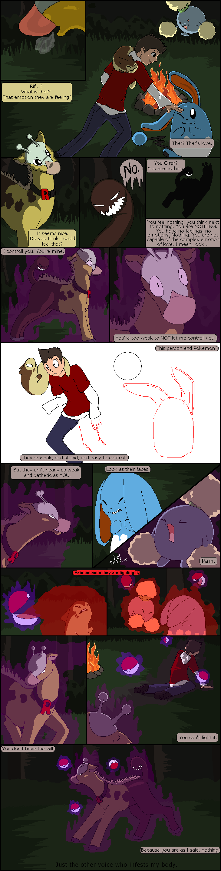 2011 absurd_res ambiguous_gender azumarill black_text blue_body bluekyokitty bottomwear brown_body brown_fur campfire cel_shading clothed clothing collar comic detailed_background dialogue_box digital_drawing_(artwork) digital_media_(artwork) english_text feral fire fur furret generation_2_pokemon girafarig grass group hi_res hooves horn human jumpluff male mammal night nintendo outside pants pink_nose plant pokeball pokemon pokemon_(species) red_clothing red_shirt red_topwear sebdoggo shaded shirt tail tan_body tan_fur team_rocket text text_box topwear unfinished unguligrade white_body white_horn yellow_body yellow_fur