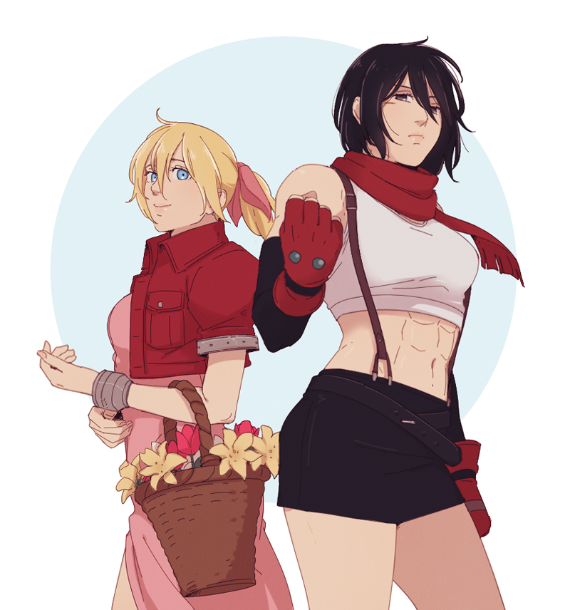 2girls abs aerith_gainsborough aerith_gainsborough_(cosplay) arm_warmers basket black_eyes black_hair blonde_hair blue_eyes bracelet breasts christa_renz cosplay cropped_jacket dress final_fantasy final_fantasy_vii fingerless_gloves flower frown gloves hanpetos holding holding_basket jewelry medium_breasts mikasa_ackerman miniskirt multiple_girls pink_dress ponytail red_scarf scar scar_on_cheek scar_on_face scarf shingeki_no_kyojin skirt small_breasts smile sports_bra suspender_skirt suspenders tifa_lockhart tifa_lockhart_(cosplay) toned white_sports_bra