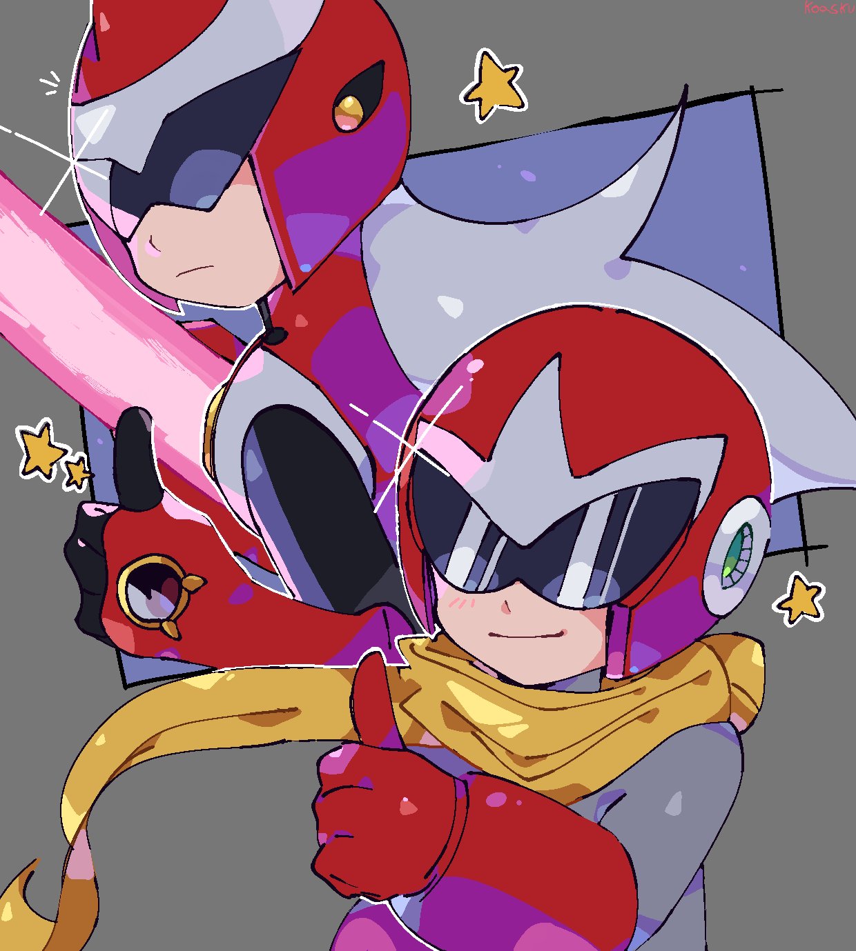 2boys blush commentary english_commentary grey_hair helmet highres in-franchise_crossover koafreedraw light_frown long_hair looking_back male_focus mega_man_(classic) mega_man_(series) mega_man_battle_network_(series) multiple_boys proto_man protoman.exe robot scarf smile sunglasses sword thumbs_up upper_body weapon yellow_scarf