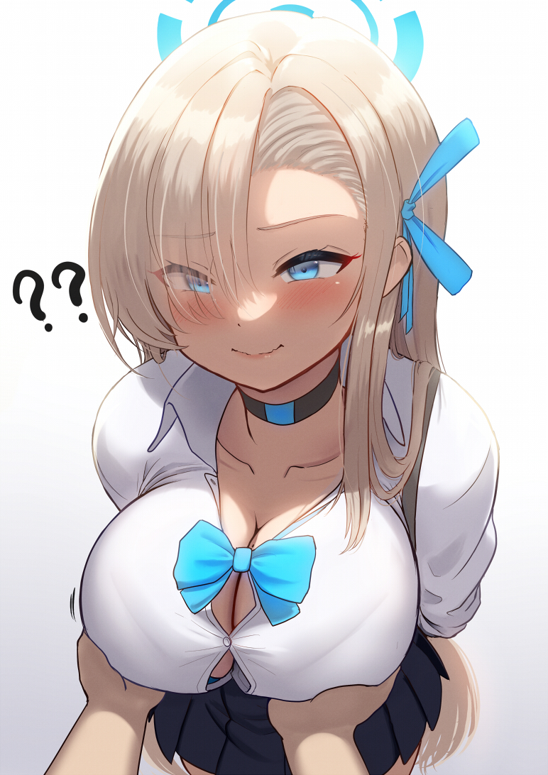 1girl ? ?? arms_behind_back asuna_(blue_archive) asymmetrical_bangs blonde_hair blue_archive blue_eyes blue_halo blush bow bowtie bra bra_peek bralines breasts bursting_breasts button_gap choker cleavage closed_mouth collarbone collared_shirt downblouse extended_downblouse from_above grabbing grabbing_another's_breast hair_over_one_eye hair_ribbon halo large_breasts light_brown_hair long_hair looking_at_viewer loose_bowtie maku_ro miniskirt pleated_skirt pov ribbon school_uniform shirt simple_background skirt smile translation_request undersized_clothes underwear very_long_hair white_background white_shirt