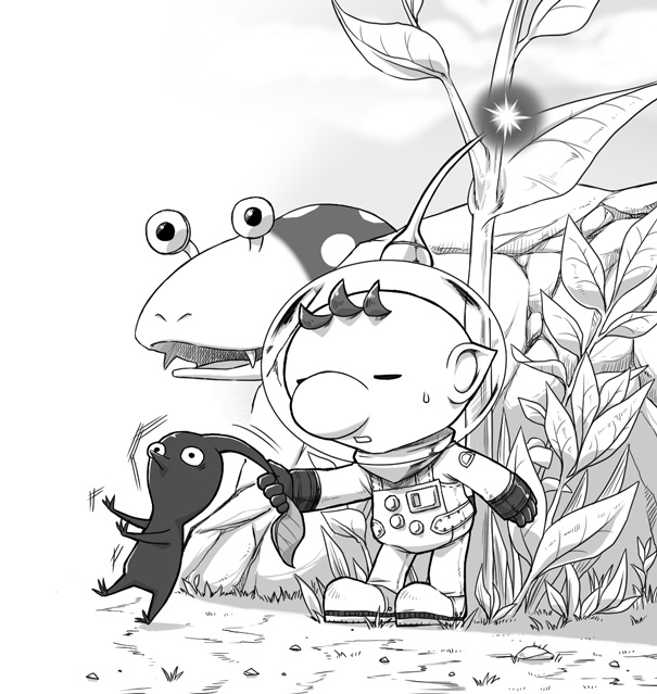 1boy big_nose bulborb buttons closed_eyes commentary_request creature fangs full_body gloves greyscale helmet holding holding_creature leaf looking_at_another monochrome motion_lines naru_(wish_field) no_mouth nostrils olimar open_mouth outdoors patch pikmin_(creature) pikmin_(series) plant pointy_ears pointy_nose radio_antenna red_pikmin rock shadow short_hair space_helmet spacesuit sweatdrop very_short_hair wide-eyed