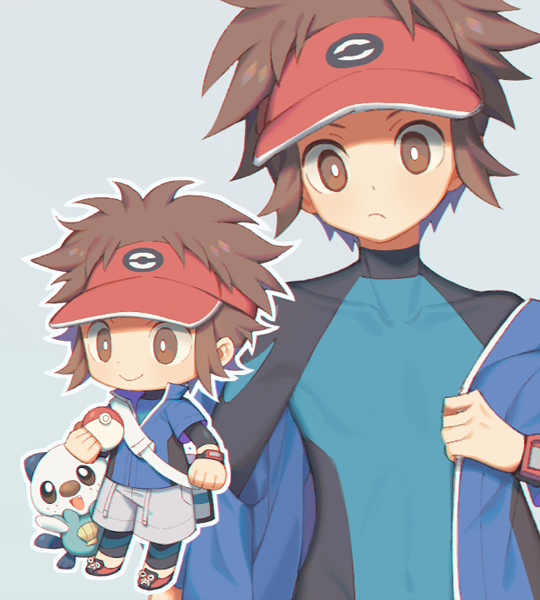 1boy blue_jacket bodysuit bodysuit_under_clothes bright_pupils brown_eyes brown_hair chibi closed_mouth commentary_request covered_collarbone grey_background grey_shorts holding holding_poke_ball jacket looking_down male_focus multiple_views nate_(pokemon) off_shoulder open_clothes open_jacket oshawott outline poke_ball poke_ball_(basic) pokemon pokemon_(creature) pokemon_(game) pokemon_bw2 red_headwear shoes short_hair shorts visor_cap white_pupils wusagi2 xtransceiver