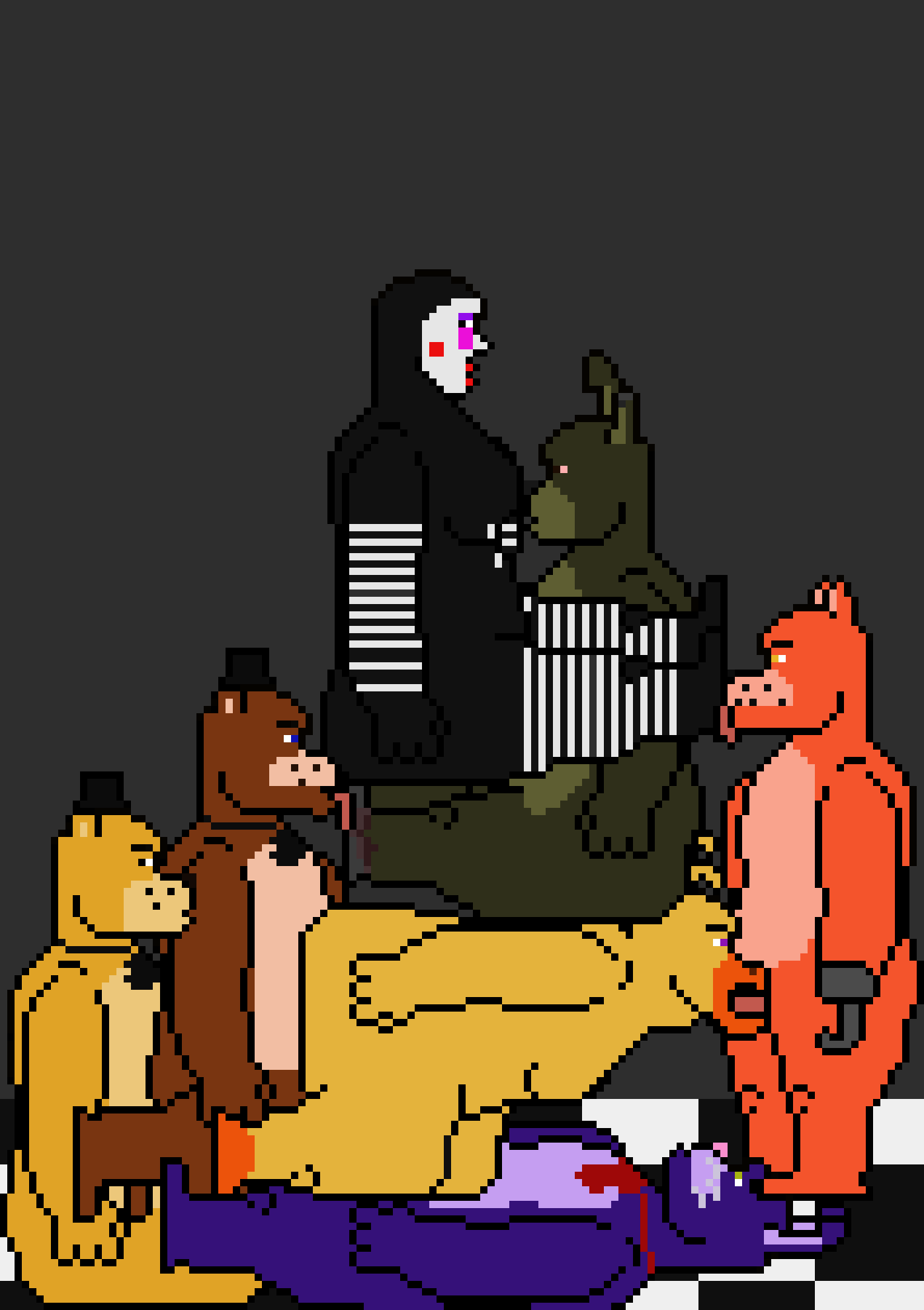 anal anal_penetration animatronic avian bear bird bonnie_(fnaf) canid canine checkered_floor chica_(fnaf) chicken digital_media_(artwork) double_penetration fellatio female five_nights_at_freddy's five_nights_at_freddy's_2 five_nights_at_freddy's_3 foot_fetish foot_lick foot_play fox foxy_(fnaf) fredbear_(fnaf) freddy_(fnaf) galliform gallus_(genus) golden_freddy_(fnaf) grey_background group group_sex hi_res humanoid lagomorph leporid licking machine male male/female male/male mammal marionette_(fnaf) mid3dposts oral orgy penetration penile phasianid pixel_(artwork) rabbit robot scottgames sex simple_background springtrap_(fnaf) standing_on_head tongue tongue_out vaginal vaginal_penetration