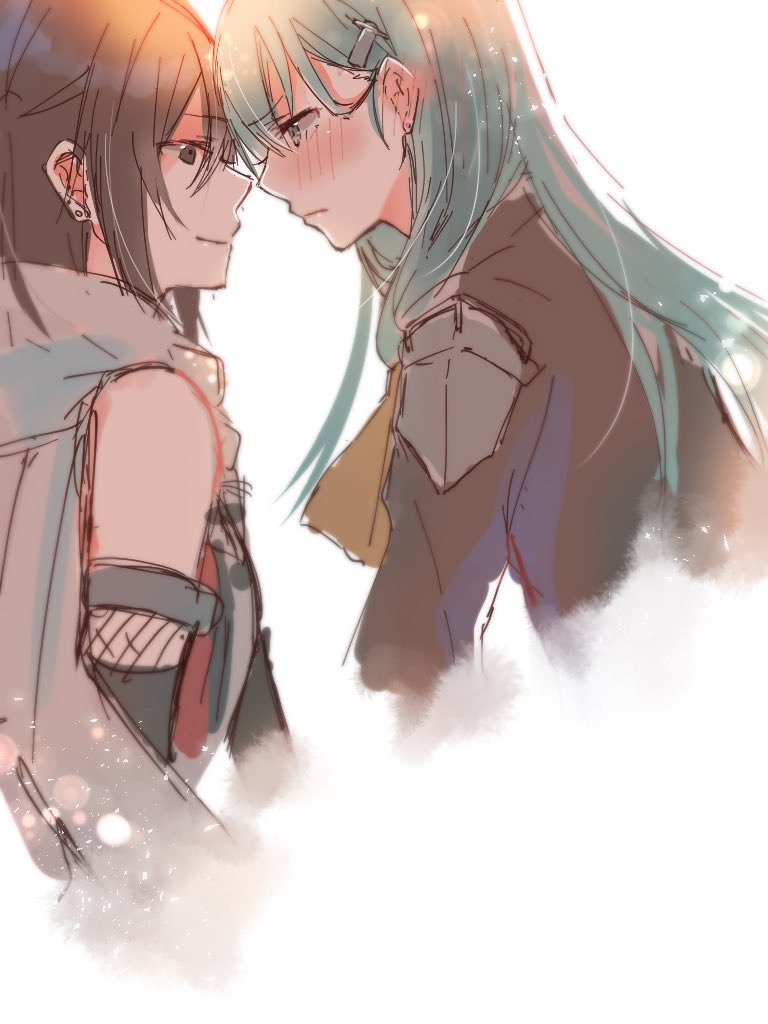 2girls aqua_hair blush brown_hair brown_jacket closed_mouth cropped_torso ear_piercing eye_contact hair_ornament hairclip jacket kantai_collection long_hair looking_at_another multiple_girls piercing rinto_(rint_rnt) scarf sendai_(kancolle) sendai_kai_ni_(kancolle) simple_background sketch suzuya_(kancolle) upper_body white_background white_scarf yuri