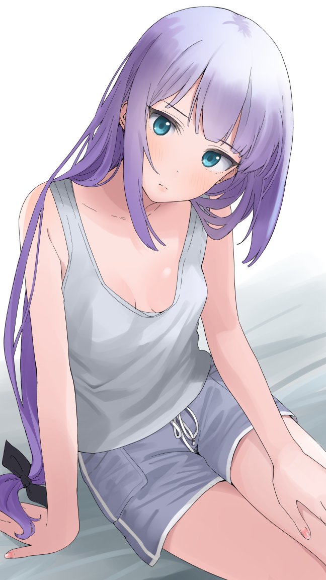 1girl blush breasts breasts_apart collarbone feet_out_of_frame grey_shorts grey_tank_top hand_on_own_thigh head_tilt idolmaster idolmaster_million_live! long_hair looking_at_viewer low-tied_long_hair medium_breasts purple_hair shiraishi_tsumugi shorts solo tank_top very_long_hair yoropa