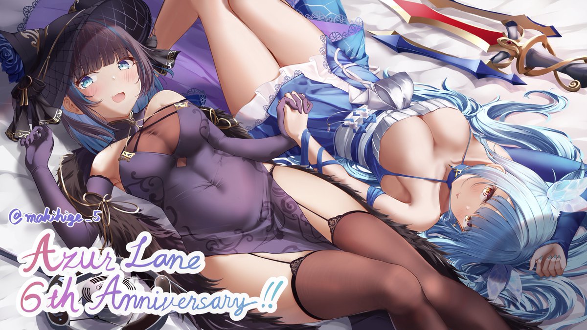 2girls anniversary artist_name azur_lane black_garter_straps black_headwear blue_choker blue_dress blue_eyes blue_flower blue_hair blue_rose breasts bridal_gauntlets brown_thighhighs cheshire_(azur_lane) cheshire_(cait_sith_crooner)_(azur_lane) china_dress chinese_clothes choker cleavage dress elbow_gloves english_text feather_boa fedora flower garter_straps gloves hair_net hair_ornament halter_dress halterneck hat hat_flower holding_hands large_breasts long_hair looking_at_viewer makihige medium_hair multicolored_hair multiple_girls neptune_(azur_lane) neptune_(nereid's_invitation)_(azur_lane) official_alternate_costume open_mouth panties polearm purple_dress purple_gloves purple_hair rose see-through see-through_cleavage short_dress single_bridal_gauntlet streaked_hair string_panties taut_clothes taut_dress thighhighs trident two-tone_dress underwear very_long_hair weapon white_dress yellow_eyes