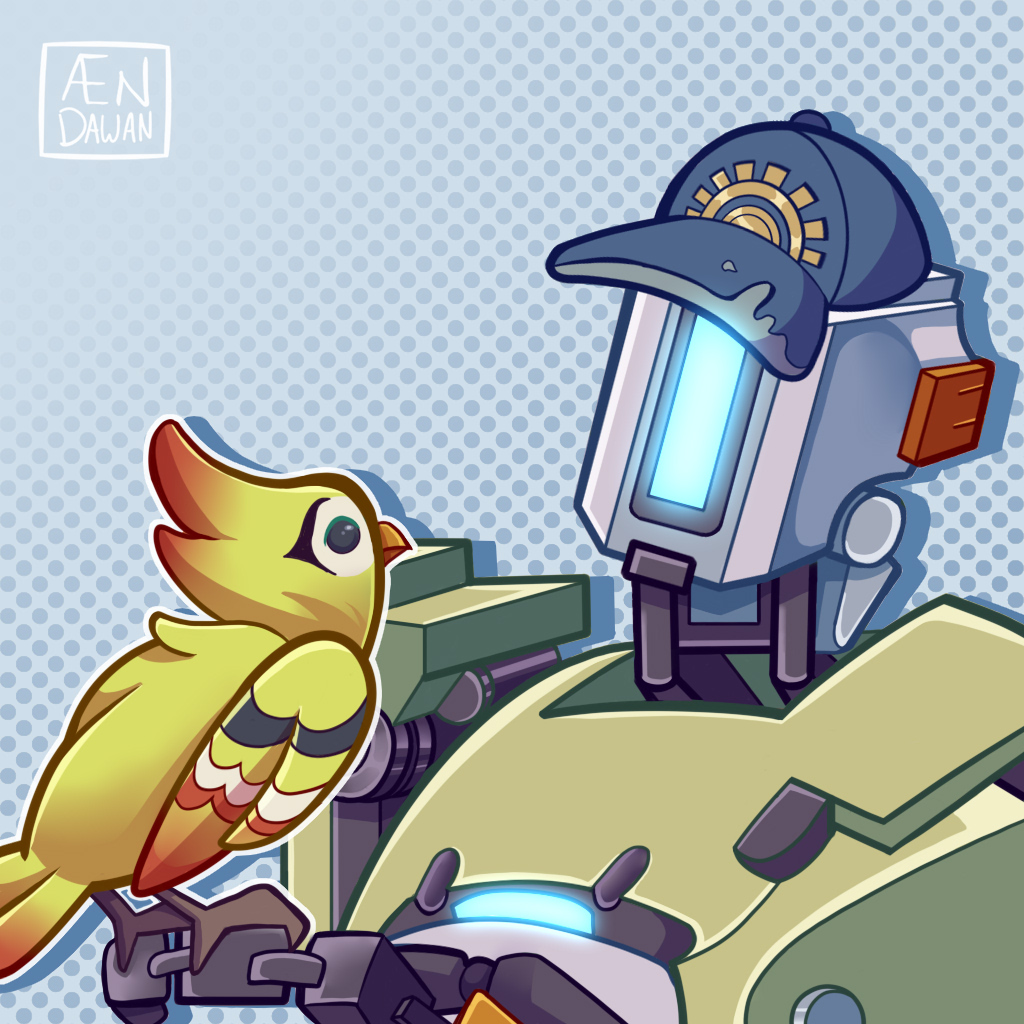 aendrin_dawan animal bastion_(overwatch) bird bird_on_hand blue_background blue_headwear english_commentary ganymede_(overwatch) hat looking_at_another overwatch overwatch_1 overwatch_2 painttool_sai_(medium) robot simple_background upper_body yellow_bird