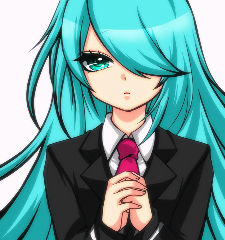 1girl aoi_shouko black_jacket blue_hair collared_shirt eyelashes fingernails fujiwhite182 green_eyes hair_over_one_eye jacket long_hair long_sleeves looking_at_viewer necktie own_hands_clasped own_hands_together parted_lips pink_necktie pop'n_music shirt simple_background solo suit_jacket upper_body very_long_hair white_background white_shirt