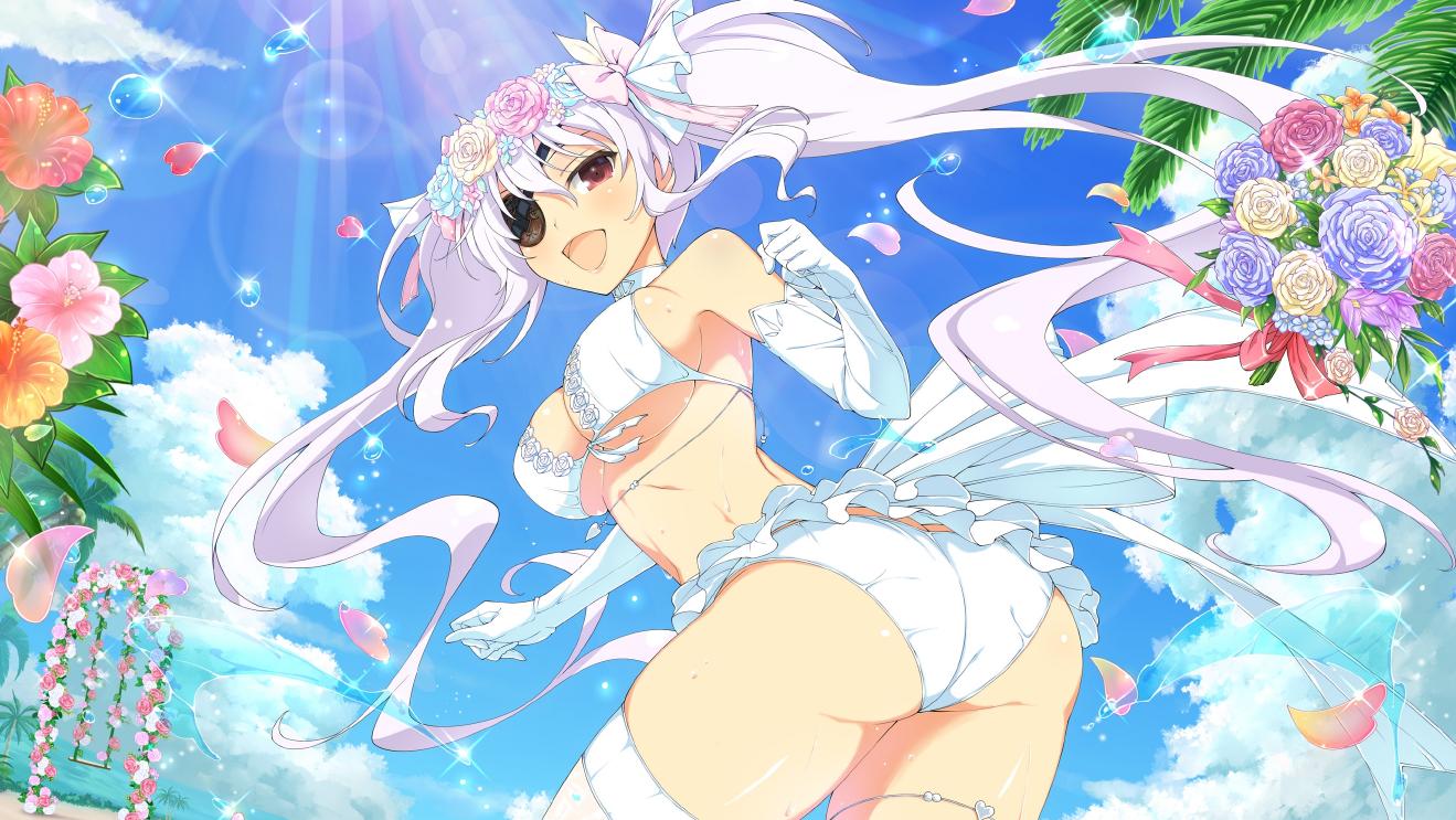 1girl ass beach blue_flower blue_rose blue_sky blush bouquet bow breasts bridal_lingerie bride cleavage cloud day elbow_gloves eyepatch falling_petals flower gloves hair_bow hair_flower hair_ornament hibiscus large_breasts leaf lingerie long_hair looking_at_viewer ocean official_alternate_costume official_art open_mouth orange_flower palm_leaf palm_tree panties petals pink_bow pink_flower pink_rose red_eyes red_flower rose sand senran_kagura senran_kagura_new_link senran_kagura_shoujo-tachi_no_shin'ei sky smile solo swing swing_set thigh_strap thighhighs thighlet tongue tree tropical twintails underwear water_drop white_bow white_flower white_gloves white_hair white_panties white_rose white_thighhighs yaegashi_nan yagyuu_(senran_kagura) yellow_bow yellow_flower yellow_rose