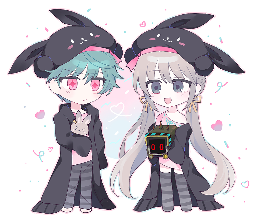 +_+ :d animal_ears animal_hat bare_shoulders black_headwear black_robe brown_hair character_request chibi closed_mouth fake_animal_ears g_ieep green_hair grey_eyes hair_between_eyes hair_ribbon hat heart holding long_hair long_sleeves low_twintails maplestory no_shoes off_shoulder open_clothes open_robe pants pink_eyes pink_shirt rabbit_ears rabbit_hat ribbon ribbon-trimmed_shirt robe shirt sleeves_past_fingers sleeves_past_wrists smile standing striped striped_pants striped_thighhighs stuffed_animal stuffed_rabbit stuffed_toy thighhighs twintails very_long_hair yellow_ribbon
