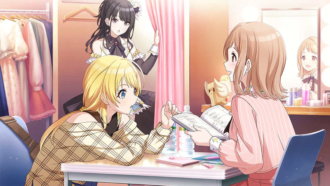 3girls :o ahoge bare_shoulders black_hair black_shirt black_sleeves black_tank_top blonde_hair blue_eyes book bow bowtie brown_eyes brown_hair chair clothes collared_shirt curtain_grab curtains detached_sleeves dressing_room feather_hair_ornament feathers frilled_skirt frills from_side game_cg hachimiya_meguru hair_ornament half_updo holding holding_book idolmaster idolmaster_shiny_colors illumination_stars_(idolmaster) jacket kazano_hiori light_brown_hair long_sleeves looking_at_another low_twintails medium_hair mirror multiple_girls off-shoulder_shirt off_shoulder official_art open_book open_mouth parted_lips pink_shirt pink_skirt plaid plaid_shirt profile purple_eyes red_brooch reflection sakuragi_mano shirt sitting skirt sleeveless sleeveless_jacket sleeveless_shirt smile star_(symbol) striped striped_shirt table talking tank_top twintails vanity_table white_jacket yellow_shirt