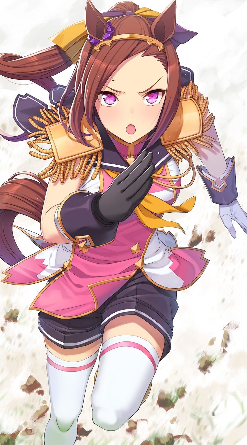 1girl animal_ears asymmetrical_gloves black_shorts brown_hair buttons commentary_request double-breasted ear_ornament epaulettes feet_out_of_frame flower-shaped_pupils gloves gold_hairband hairband highres horse_ears horse_girl horse_tail itou_(onsoku_tassha) long_hair looking_at_viewer mismatched_gloves open_mouth pink_eyes pink_shirt ponytail running sakura_bakushin_o_(umamusume) shirt shorts simple_background sleeveless sleeveless_shirt solo sweat symbol-shaped_pupils tail thighhighs umamusume very_long_hair white_background white_thighhighs
