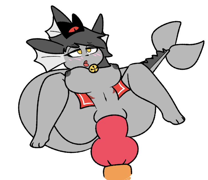 ahegao anthro bell bell_collar big_knot big_penis collar cult_of_the_lamb eeveelution female generation_1_pokemon genitals grey_body grey_skin knot kutnerak looking_pleasured lunastrum nintendo penis pokemon pokemon_(species) red_stripes solo stripes thick_thighs vaporeon