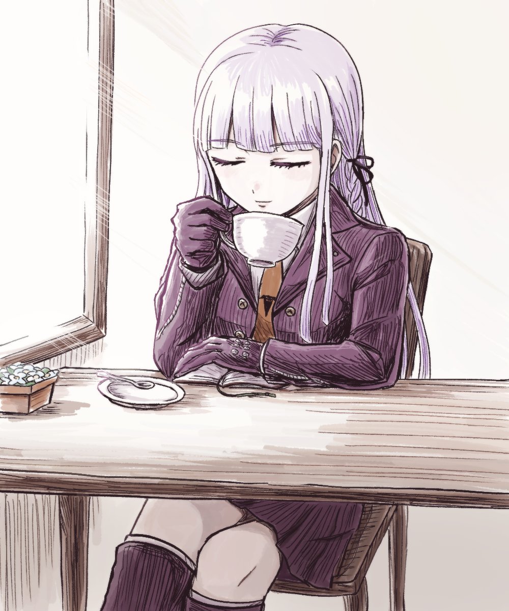 1girl black_ribbon braid brown_necktie closed_eyes closed_mouth cup danganronpa:_trigger_happy_havoc danganronpa_(series) flower gloves grey_hair hair_ribbon highres holding holding_cup jacket kirigiri_kyoko long_hair long_sleeves miniskirt necktie open_clothes open_jacket plate pleated_skirt purple_gloves purple_jacket ribbon simple_background skirt solo spoon table white_background xixi_shi-goto