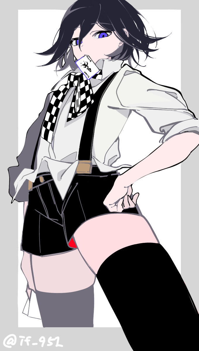 1boy black_hair black_thighhighs border card card_in_mouth checkered_clothes checkered_scarf commentary cowboy_shot danganronpa_(series) danganronpa_v3:_killing_harmony grey_border hair_between_eyes hands_on_own_hips ibispaint_(medium) if_(toutoi0621) joker_(card) looking_at_viewer looking_down male_focus mouth_hold oma_kokichi otoko_no_ko pale_skin playing_card purple_eyes scarf shirt short_shorts shorts simple_background sketch skindentation solo suspender_shorts suspenders thighhighs thighs twitter_username wavy_hair white_background white_shirt