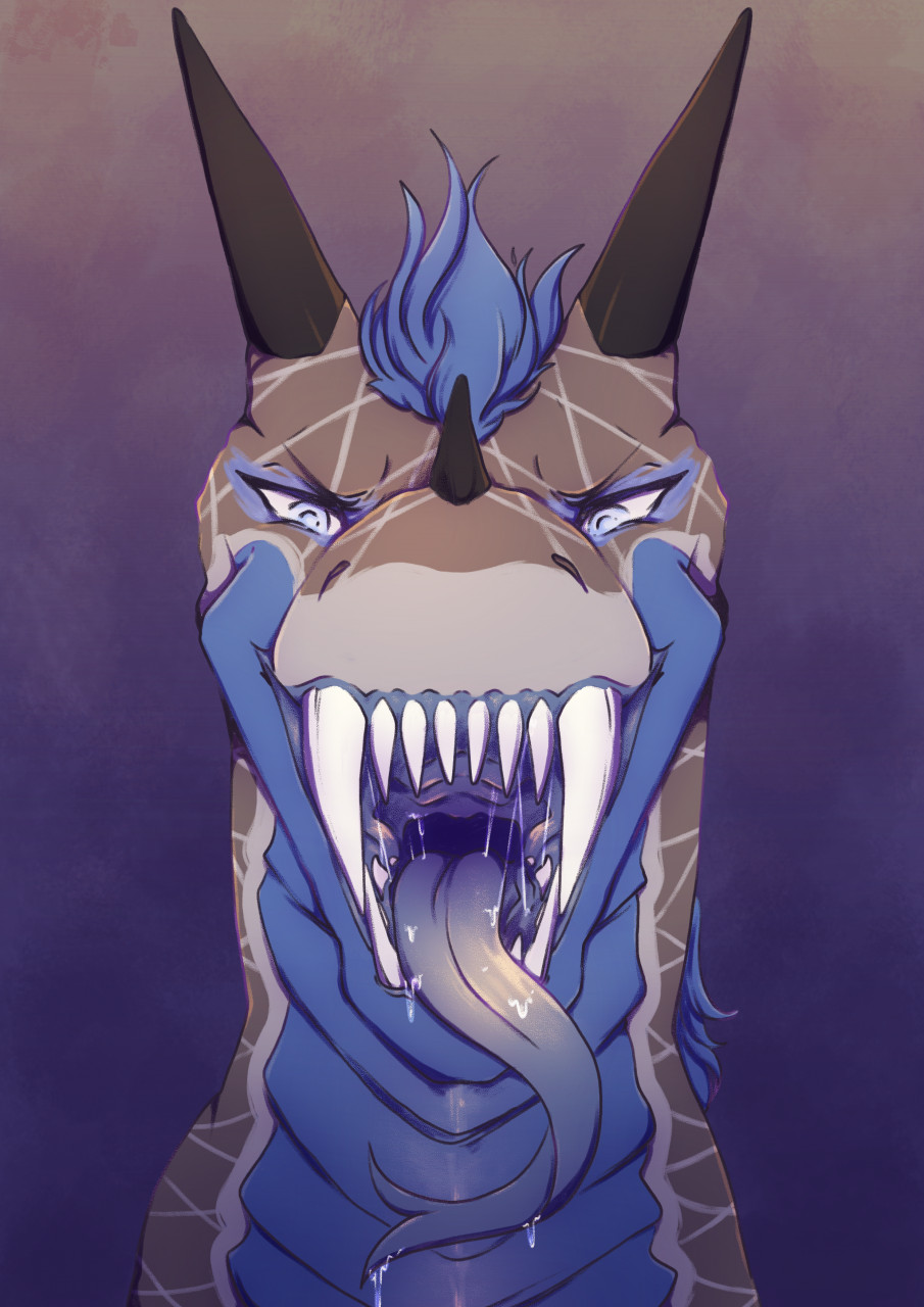 ambiguous_gender big_fangs black_horn blue_body blue_eyes blue_hair blue_pupils blue_scales bodily_fluids brown_body drooling feral forked_tongue front_view grey_markings hair hi_res horn lionfloof looking_at_viewer markings mouth_shot narrowed_eyes nose_spike open_mouth pupils saliva saliva_string scales sharp_teeth short_hair simple_background solo teeth tongue tongue_out