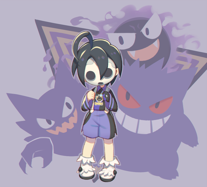 1boy ahoge allister_(pokemon) black_hair clenched_hands collared_shirt commentary_request gastly gengar gloves hands_up haunter male_focus mask pokemon pokemon_(creature) pokemon_(game) pokemon_swsh shirt shoes short_hair shorts side_slit side_slit_shorts single_glove socks standing suspenders white_footwear white_socks wusagi2