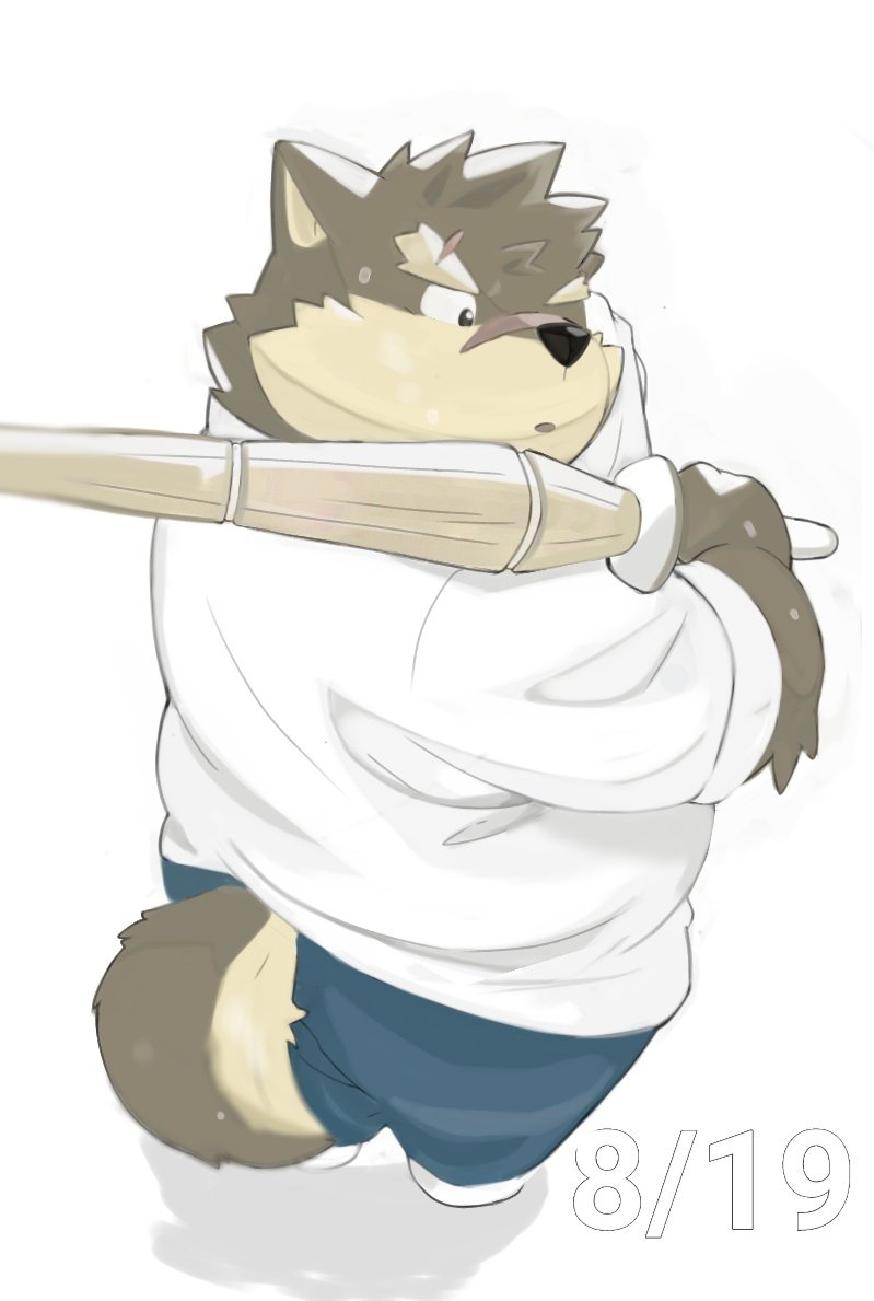 anthro bodily_fluids canid canine canis domestic_dog eyebrows fur ginsingoo1 grey_body grey_fur lifewonders male mammal moritaka rear_view scar slightly_chubby solo sweat thick_eyebrows tokyo_afterschool_summoners wiping_sweat wooden_sword