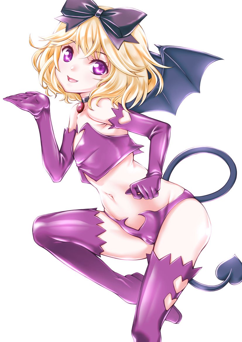 1girl bat_wings blonde_hair blush bow breasts cameltoe demon_tail elbow_gloves elly_(tonari_no_kyuuketsuki-san) fangs gloves hair_bow looking_at_viewer navel open_mouth purple_eyes purple_gloves purple_thighhighs shiromitsu_suzaku short_hair simple_background small_breasts smile solo tail thighhighs tonari_no_kyuuketsuki-san vampire white_background wings