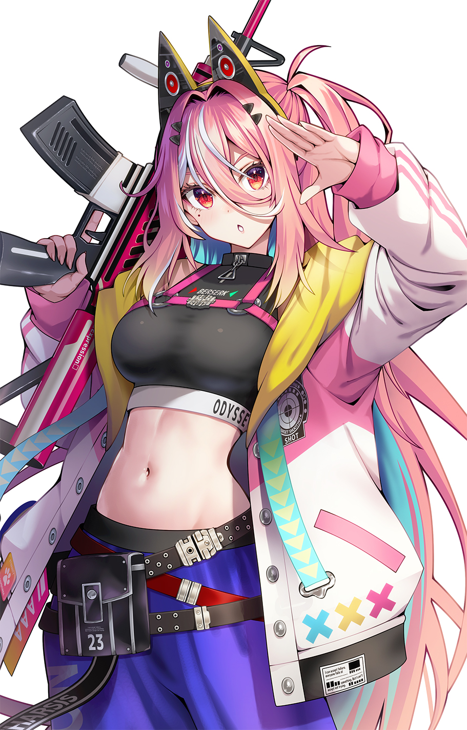 1girl :o animal_ears aria_synth arms_up belt belt_pouch black_belt black_shirt breasts cat_ears chest_harness clothes_writing commentary_request cowboy_shot crop_top fake_animal_ears groin gun hair_between_eyes hair_intakes hair_ornament hairclip harness highres holding holding_gun holding_weapon hood hood_down hooded_jacket indie_virtual_youtuber jacket jumpsuit kubota_masaki long_hair long_sleeves looking_at_viewer medium_breasts midriff mole mole_under_eye multicolored_clothes multicolored_hair multicolored_jacket navel official_art one_side_up open_clothes open_jacket pants pink_hair pink_jumpsuit pouch purple_pants red_eyes salute shirt sidelocks simple_background sleeveless sleeveless_shirt snap-fit_buckle solo standing two-tone_hair two-tone_jacket virtual_youtuber weapon white_background white_hair white_jacket